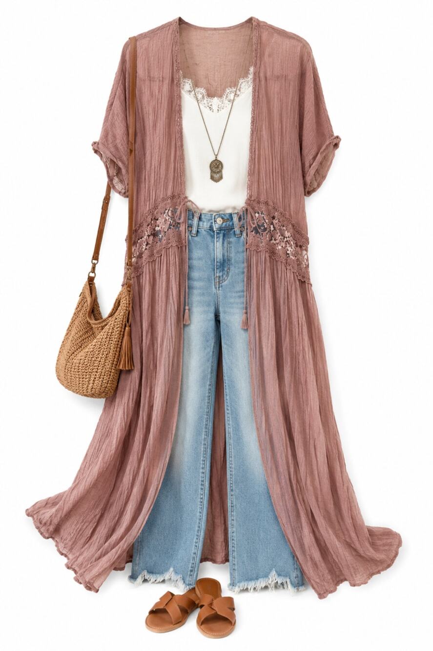 Lace Trim Tie Front Long Duster Kimono Cover Up Boho  Festival FAVLUX Medium